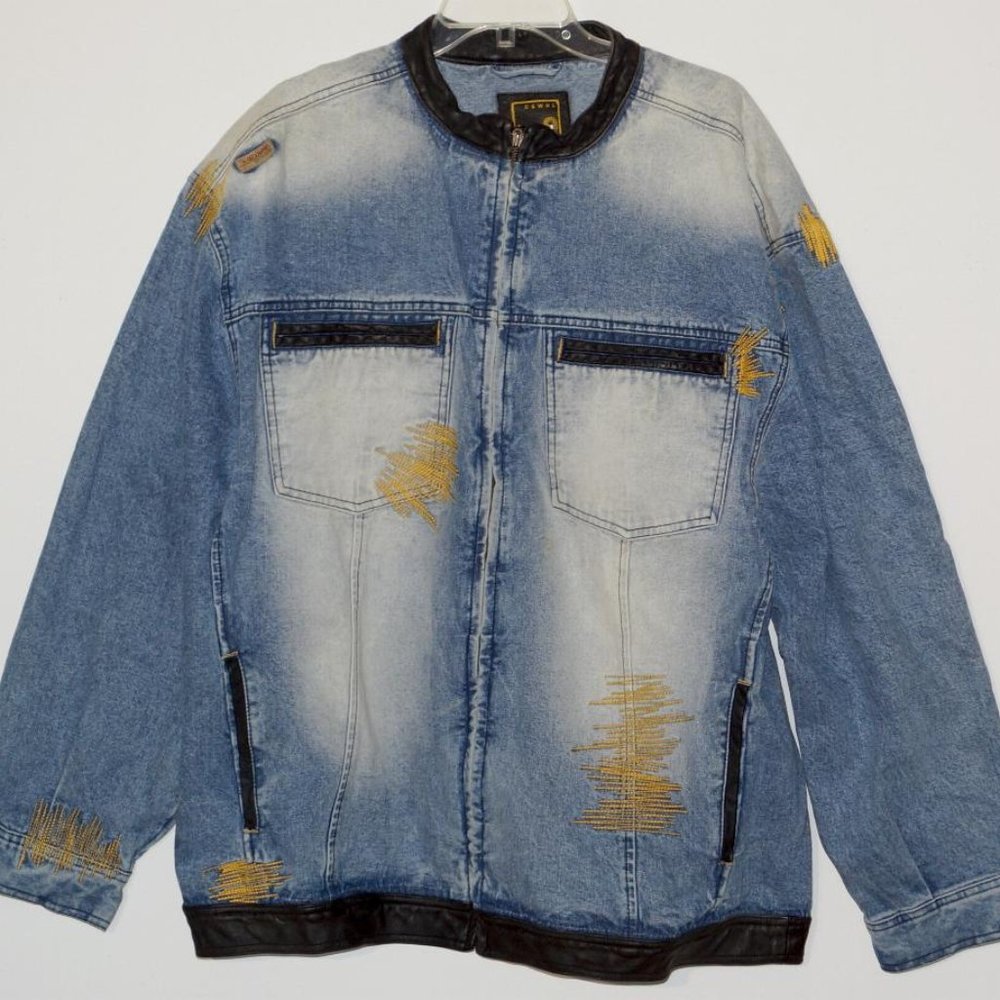 Vintage AKADEMIKS Distressed Blue Denim Black Leather Zip Jean Jacket
